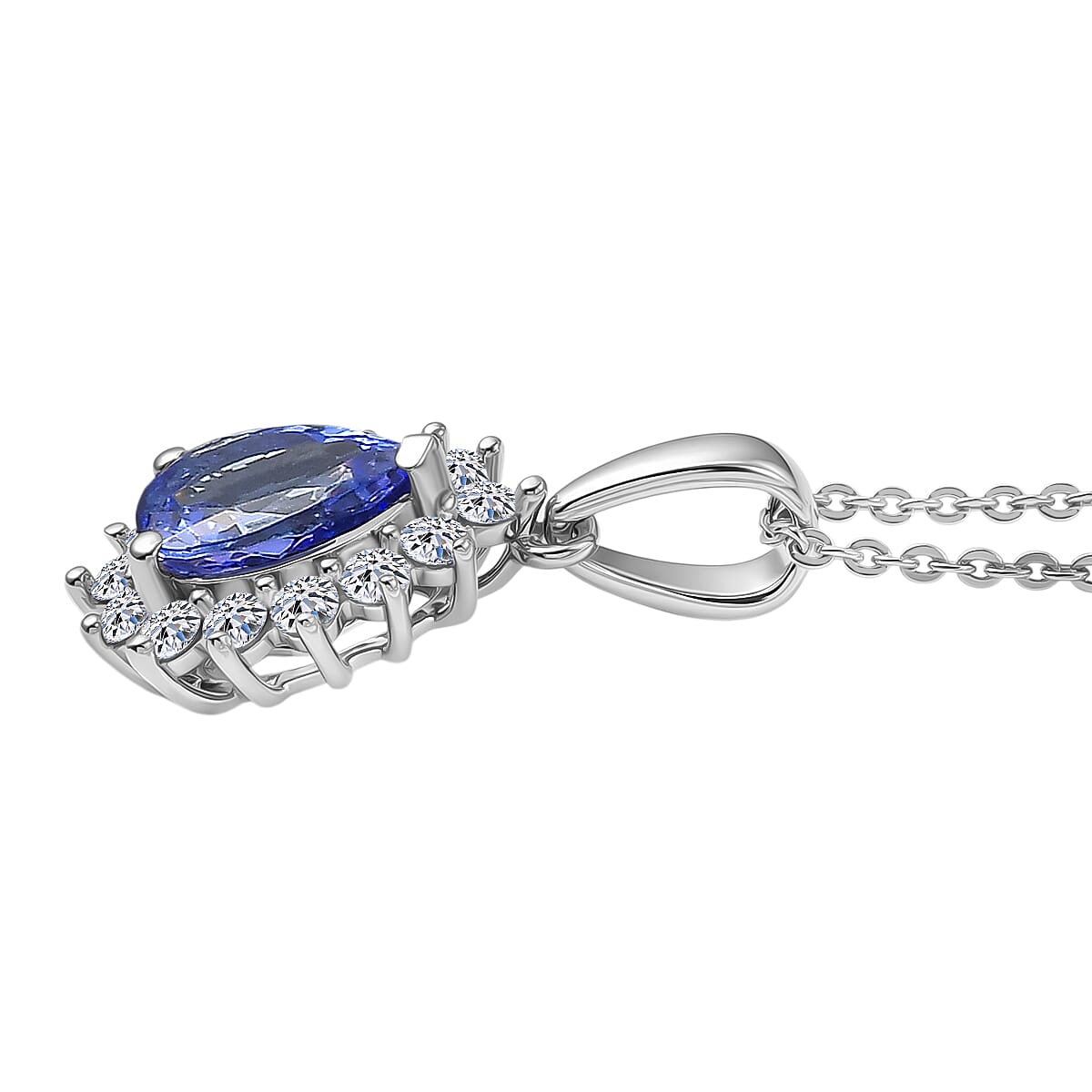 Luxuriant Tanzanite & SI-G-H Lab Grown Diamond Pear Cut Halo Pendant with Chain (Size 20) in Rhodium Overlay Sterling Silver 1.54 Ct.