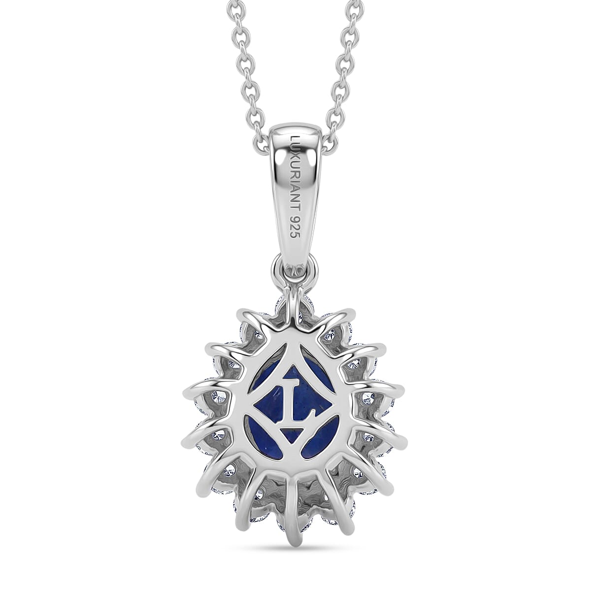 Luxuriant Tanzanite & SI-G-H Lab Grown Diamond Pear Cut Halo Pendant with Chain (Size 20) in Rhodium Overlay Sterling Silver 1.54 Ct.