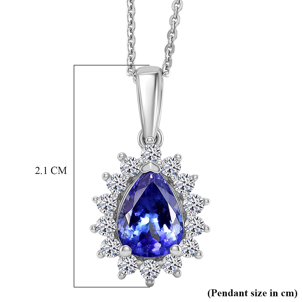 Luxuriant Tanzanite & SI-G-H Lab Grown Diamond Pear Cut Halo Pendant with Chain (Size 20) in Rhodium Overlay Sterling Silver 1.54 Ct.
