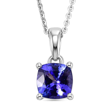 D'Joy - Tanzanite Solitaire Pendant with Chain (Size 20) in Rhodium Overlay Sterling Silver 1.35 Ct.
