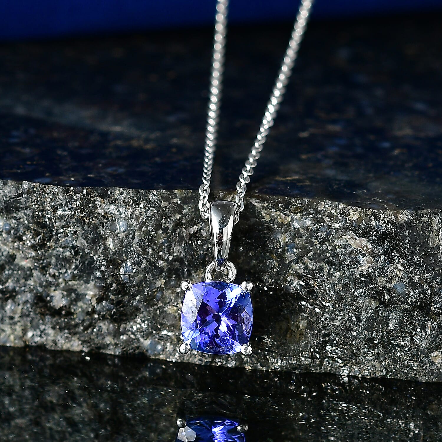 D'Joy - Tanzanite Solitaire Pendant with Chain (Size 20) in Rhodium Overlay Sterling Silver 1.35 Ct.