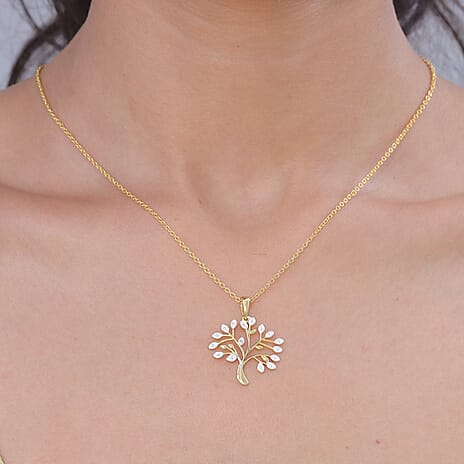 TJC 20TH BIRTHDAY SPECIAL - Natural White Diamond Tree of Life Pendant with Chain (Size 20) in Yellow Gold Overlay