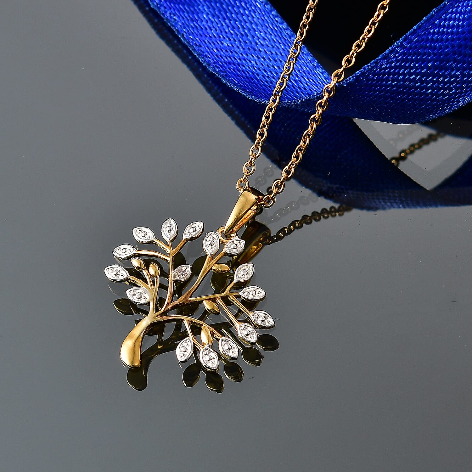 EverTrue - White Diamond Tree of Life Pendant with Chain (Size 20) in Yellow Gold Tone