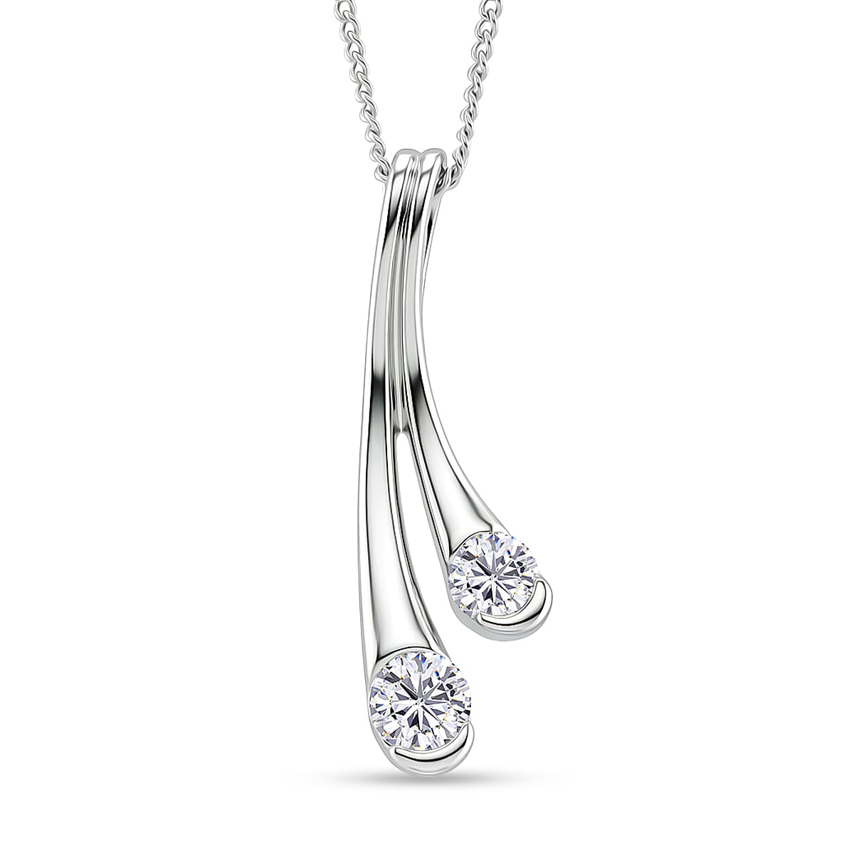 D'Joy GRA Certified Moissanite D-VVS1 Split Drop Pendant with Chain (Size 18) in Rhodium Overlay Sterling Silver