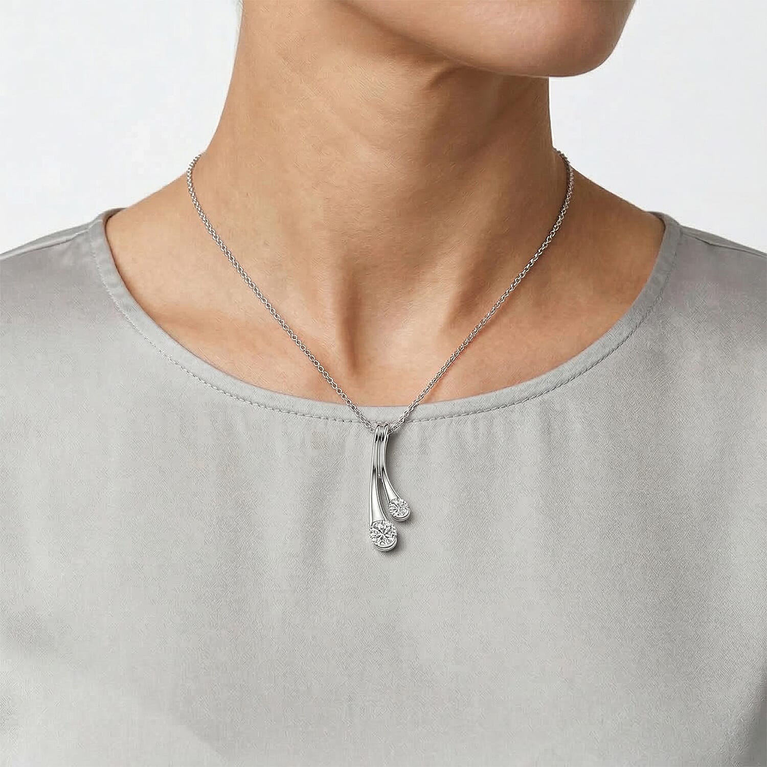 D'Joy GRA Certified Moissanite D-VVS1 Split Drop Pendant with Chain (Size 18) in Rhodium Overlay Sterling Silver