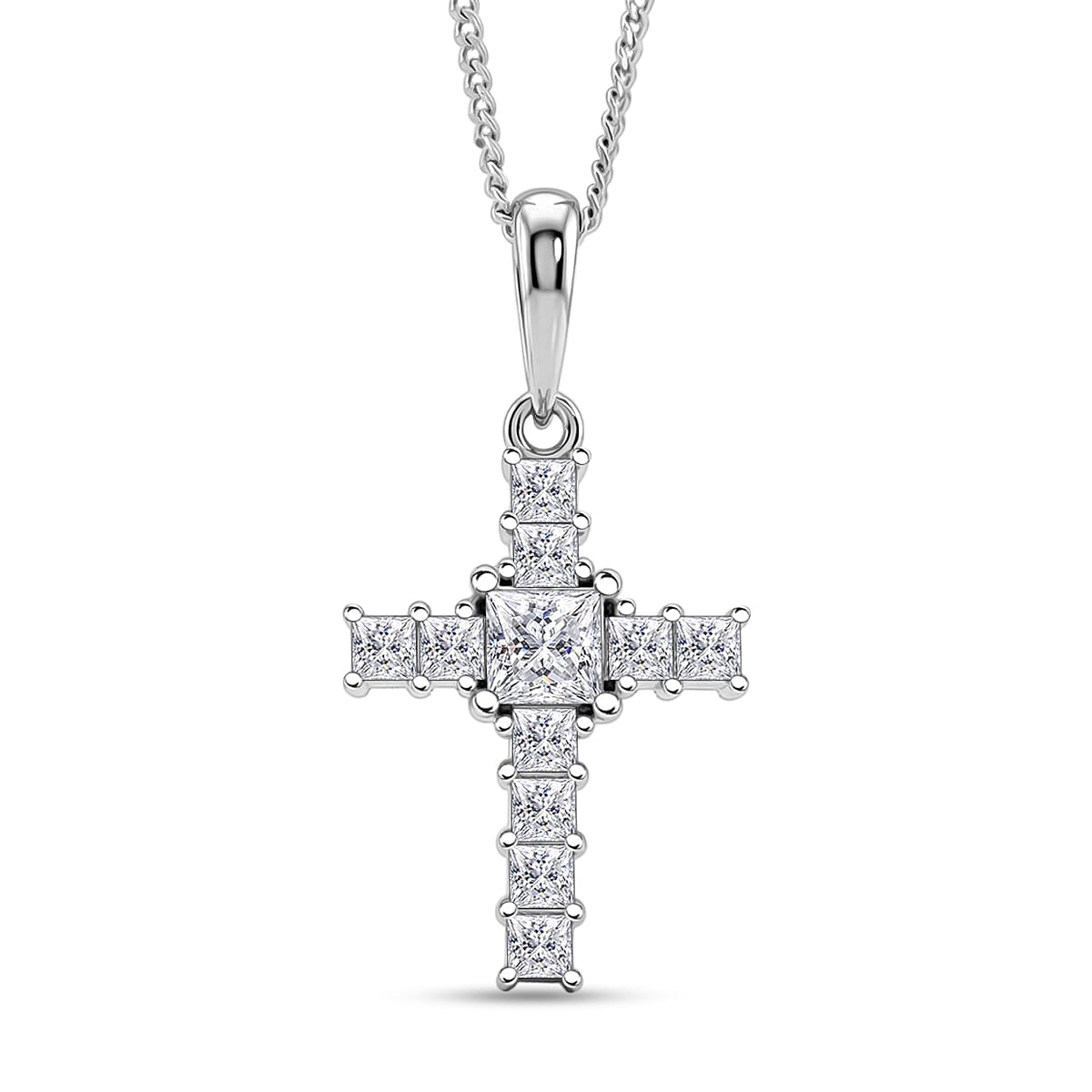 D'Joy GRA Certified Moissanite D-VVS1 Cross Pendant with Chain (Size 18) in Rhodium Overlay Sterling Silver