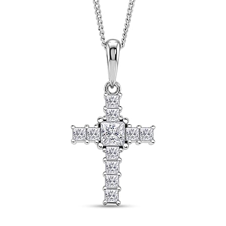 D'Joy GRA Certified Moissanite D-VVS1 Cross Pendant with Chain (Size 18) in Rhodium Overlay Sterling Silver