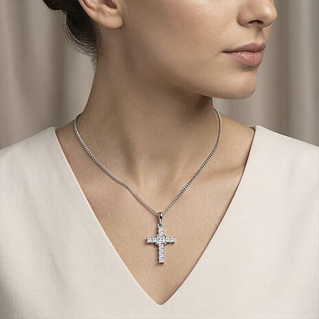 D'Joy - GRA Certified Moissanite D-VVS1 Cross Pendant with Chain (Size 18) in Rhodium Overlay Sterling Silver