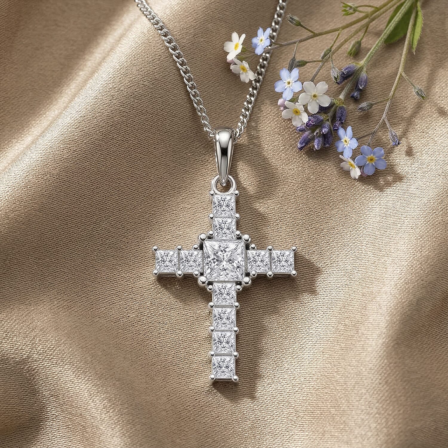D'Joy GRA Certified Moissanite D-VVS1 Cross Pendant with Chain (Size 18) in Rhodium Overlay Sterling Silver