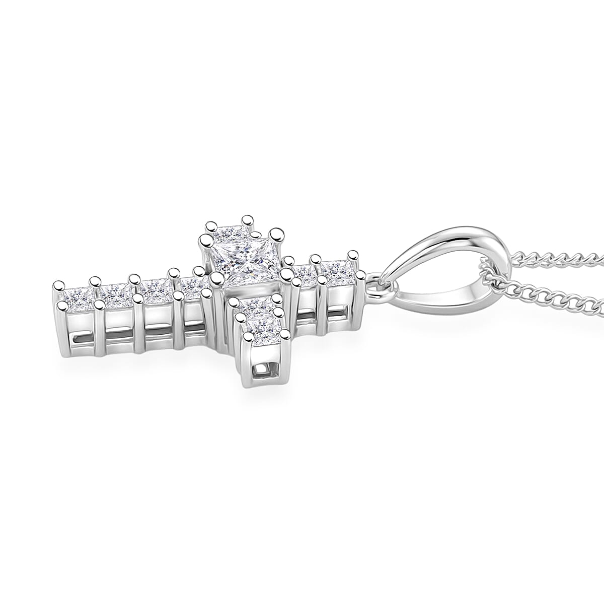 D'Joy GRA Certified Moissanite D-VVS1 Cross Pendant with Chain (Size 18) in Rhodium Overlay Sterling Silver