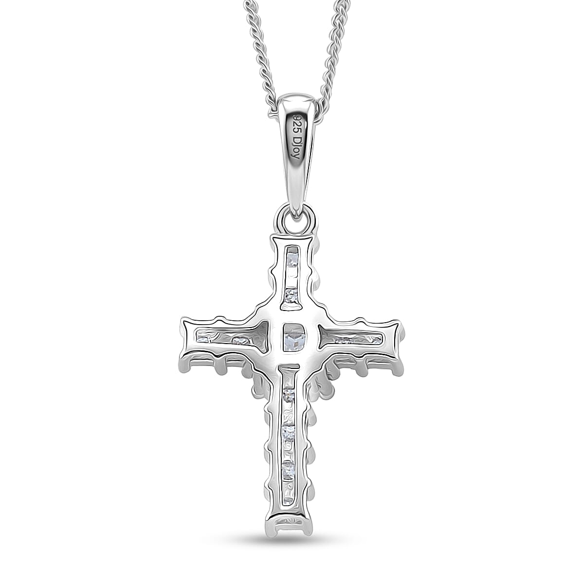 D'Joy GRA Certified Moissanite D-VVS1 Cross Pendant with Chain (Size 18) in Rhodium Overlay Sterling Silver