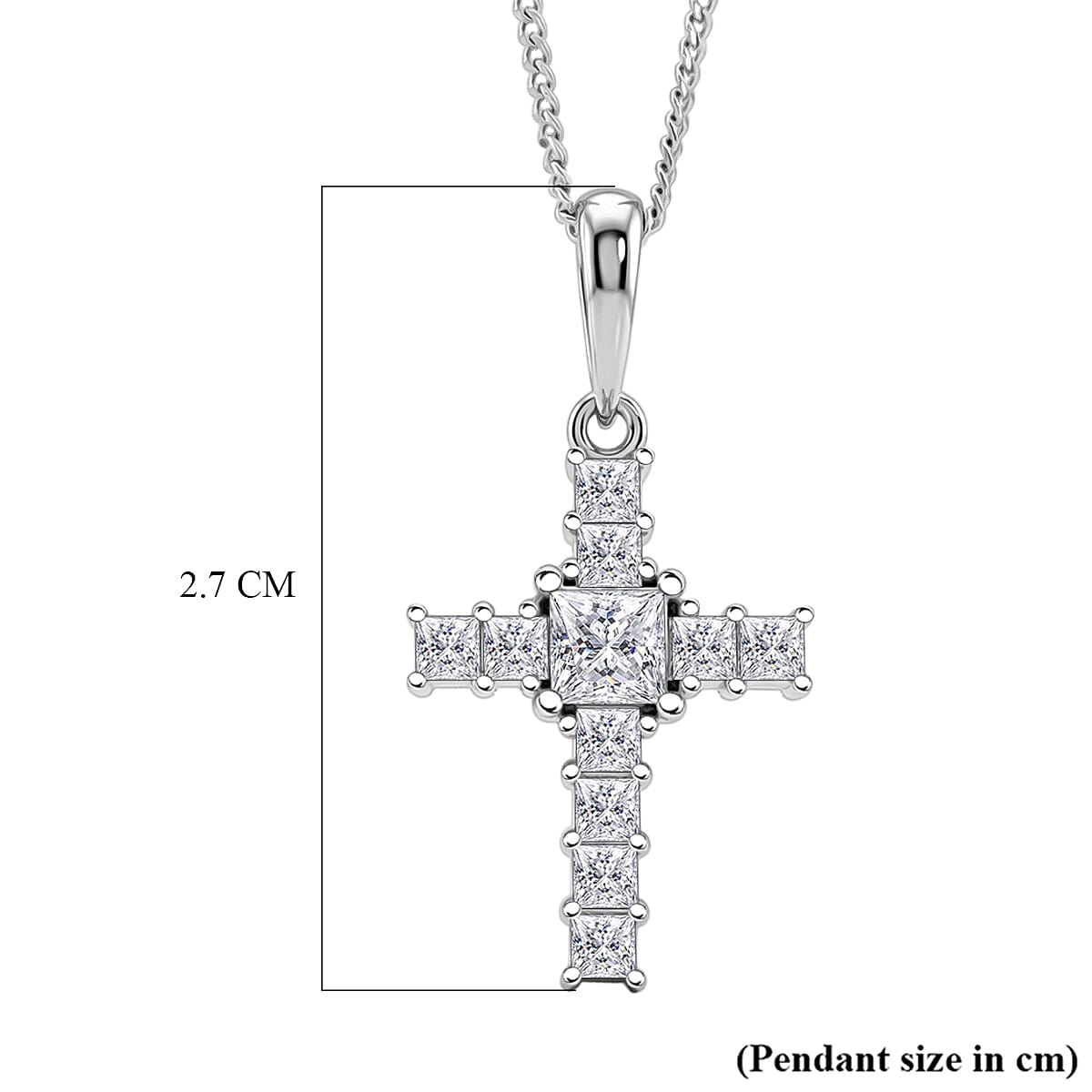 D'Joy GRA Certified Moissanite D-VVS1 Cross Pendant with Chain (Size 18) in Rhodium Overlay Sterling Silver