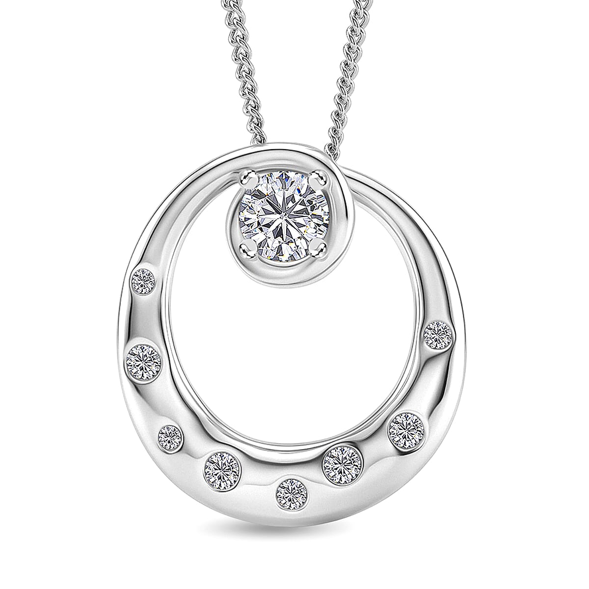 D'Joy GRA Certified Moissanite D-VVS1 Solitaire Spiral Pendant with Chain (Size 18) in Rhodium Overlay Sterling Silver