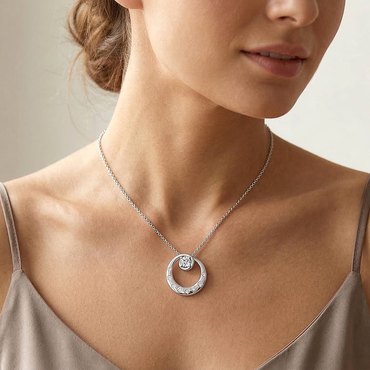 D'Joy GRA Certified Moissanite D-VVS1 Solitaire Spiral Pendant with Chain (Size 18) in Rhodium Overlay Sterling Silver