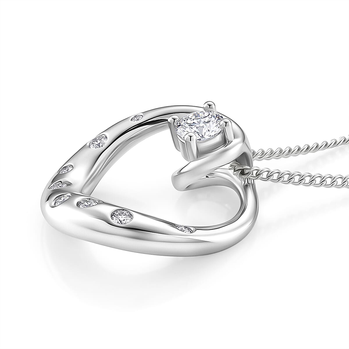 D'Joy GRA Certified Moissanite D-VVS1 Solitaire Spiral Pendant with Chain (Size 18) in Rhodium Overlay Sterling Silver