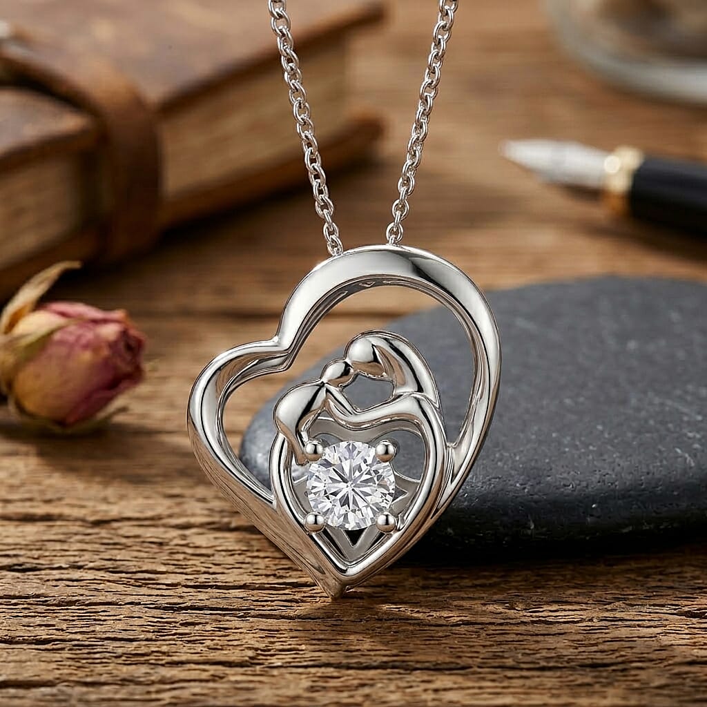 D'Joy GRA Certified Moissanite D-VVS1 Solitaire Heart Pendant with Chain (Size 18) in Rhodium Overlay Sterling Silver