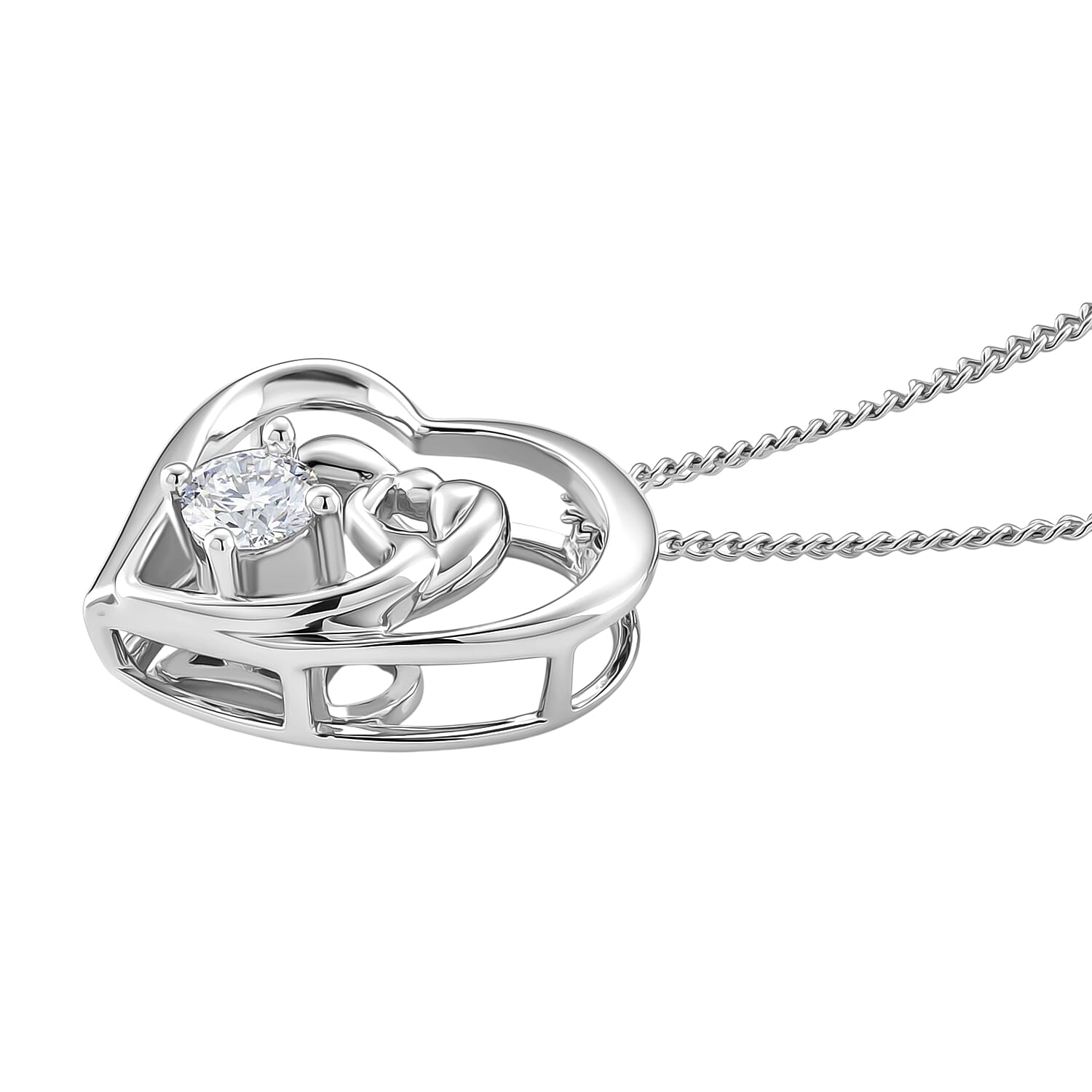 D'Joy GRA Certified Moissanite D-VVS1 Solitaire Heart Pendant with Chain (Size 18) in Rhodium Overlay Sterling Silver