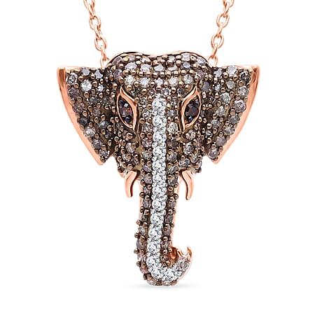 GP - Multi Diamond & Blue Sapphire Elephant Head Pendant with Chain (Size 20) in 18K Vermeil Rose Gold Plated Sterling Silver 0.50 Ct.