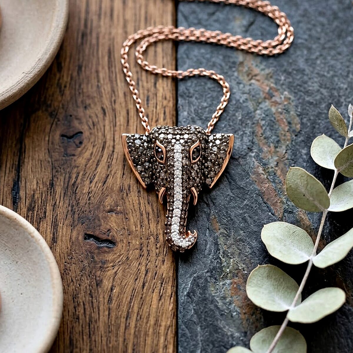 GP - Multi Diamond & Blue Sapphire Elephant Head Pendant with Chain (Size 20) in 18K Vermeil Rose Gold Plated Sterling Silver 0.50 Ct.