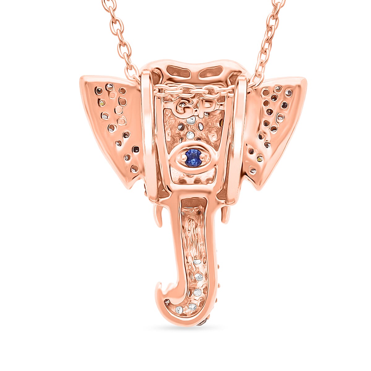 GP - Multi Diamond & Blue Sapphire Elephant Head Pendant with Chain (Size 20) in 18K Vermeil Rose Gold Plated Sterling Silver 0.50 Ct.