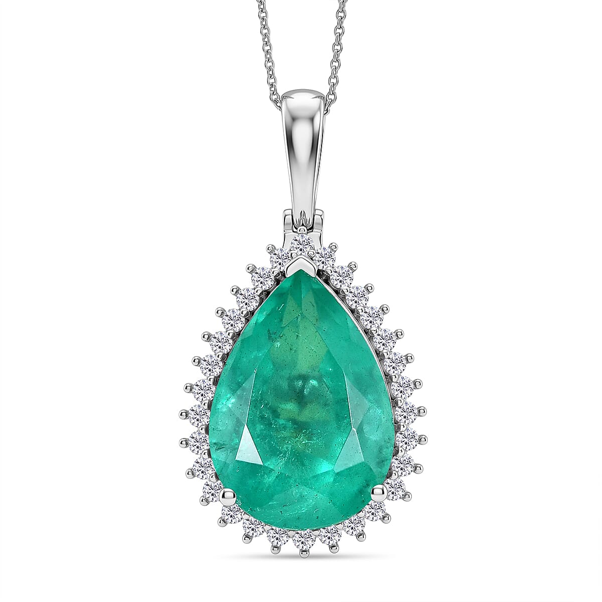 D'Joy Emeraldine Triplet Quartz & White Zircon Pear Cut Halo Pendant with Chain (Size 20) in Rhodium Overlay Sterling Silver 21.65 Ct
