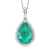 D'Joy Emeraldine Triplet Quartz & White Zircon Pear Cut Halo Pendant with Chain (Size 20) in Rhodium Overlay Sterling Silver 21.65 Ct