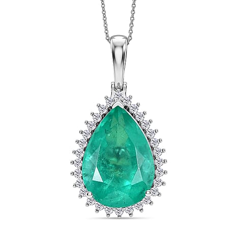 D'Joy Emeraldine Triplet Quartz & White Zircon Pear Cut Halo Pendant with Chain (Size 20) in Rhodium Overlay Sterling Silver 21.65 Ct