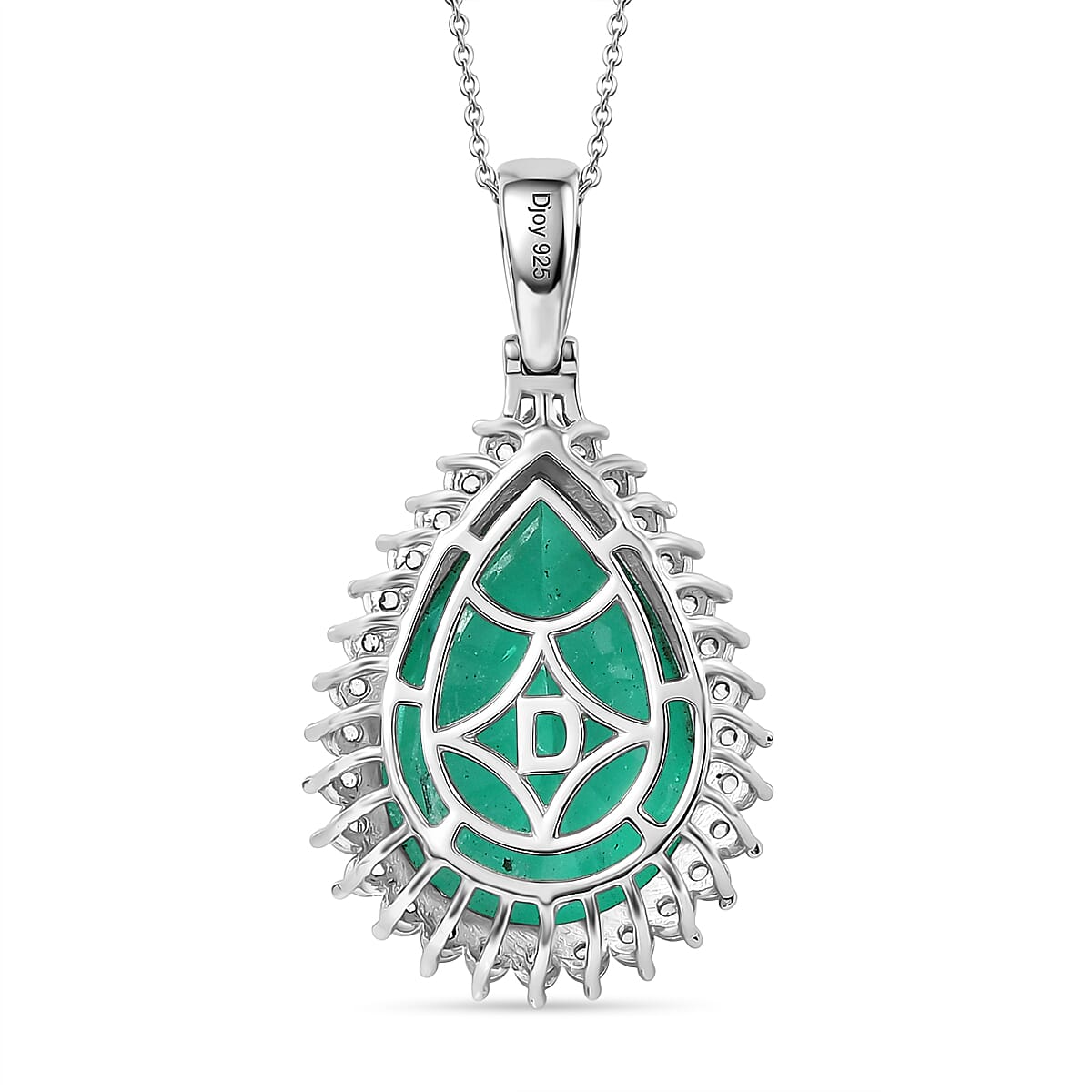 D'Joy Emeraldine Triplet Quartz & White Zircon Pear Cut Halo Pendant with Chain (Size 20) in Rhodium Overlay Sterling Silver 21.65 Ct