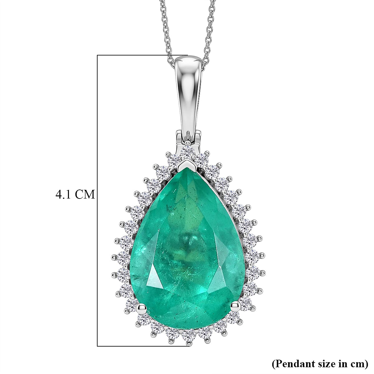 D'Joy Emeraldine Triplet Quartz & White Zircon Pear Cut Halo Pendant with Chain (Size 20) in Rhodium Overlay Sterling Silver 21.65 Ct