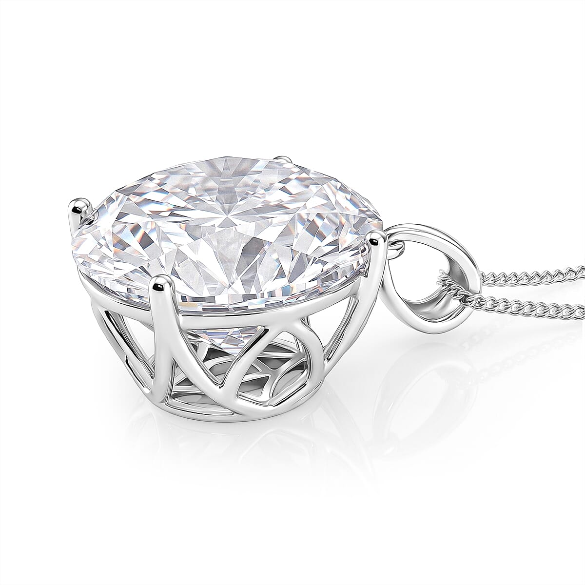 Moissanite Solitaire Pendant with Chain (Size 18) in Rhodium Overlay Sterling Silver 30.00 Ct.