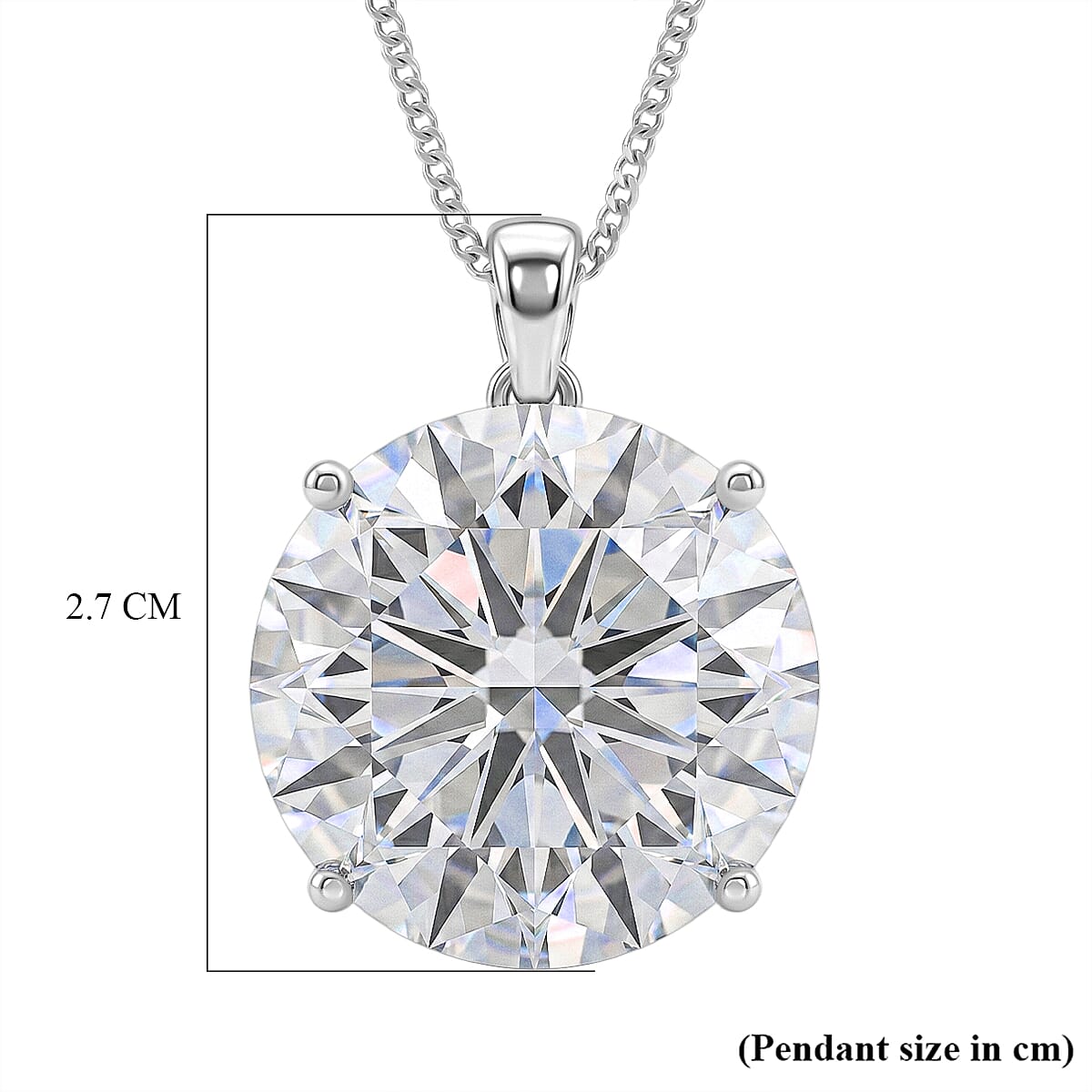 Moissanite Solitaire Pendant with Chain (Size 18) in Rhodium Overlay Sterling Silver 30.00 Ct.