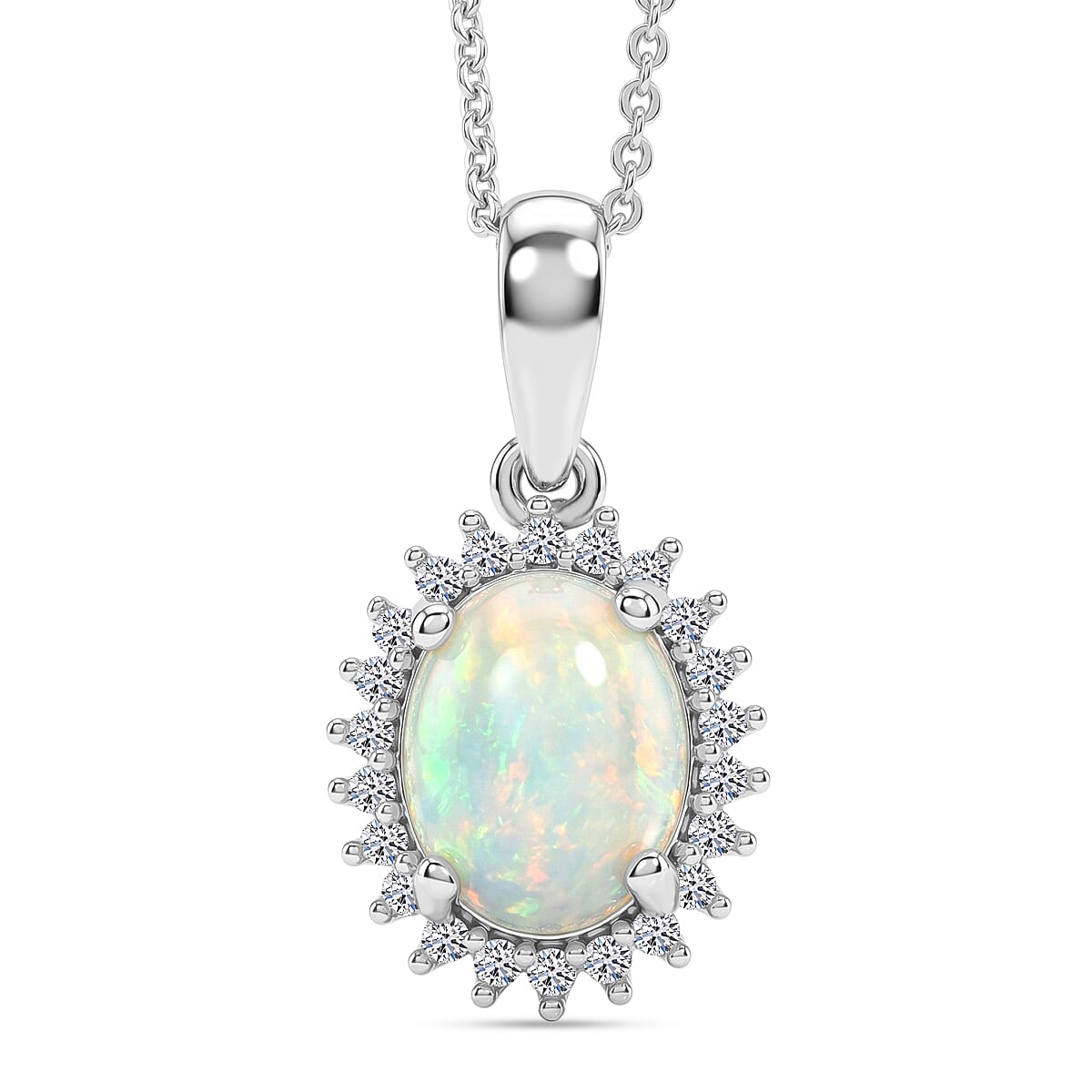 Luxuriant - Ethiopian Opal & SI-G-H Lab Grown Diamond Halo Pendant with Chain (Size 20) in Platinum Overlay Sterling Silver 1.50 Ct.
