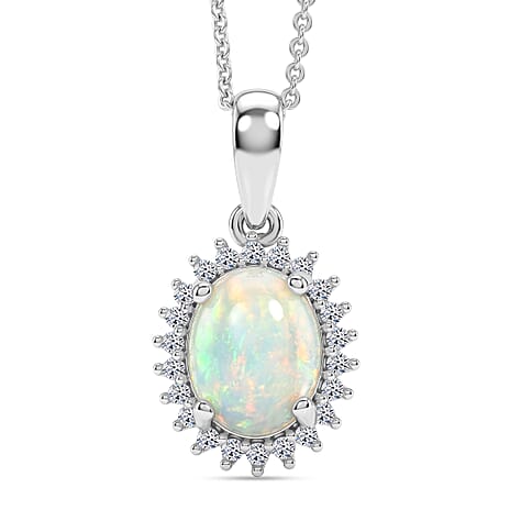 Luxuriant - Ethiopian Opal & SI-G-H Lab Grown Diamond Halo Pendant with Chain (Size 20) in Platinum Overlay Sterling Silver 1.50 Ct.