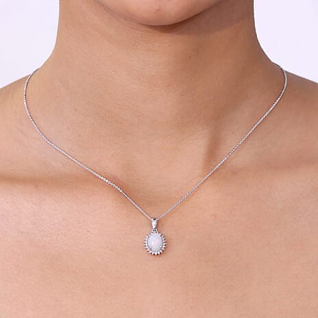 Luxuriant - Ethiopian Opal & SI-G-H Lab Grown Diamond Halo Pendant with Chain (Size 20) in Platinum Overlay Sterling Silver 1.50 Ct.