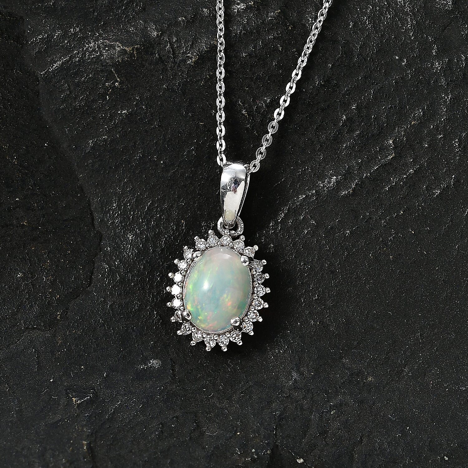 Luxuriant - Ethiopian Opal & SI-G-H Lab Grown Diamond Halo Pendant with Chain (Size 20) in Platinum Overlay Sterling Silver 1.50 Ct.