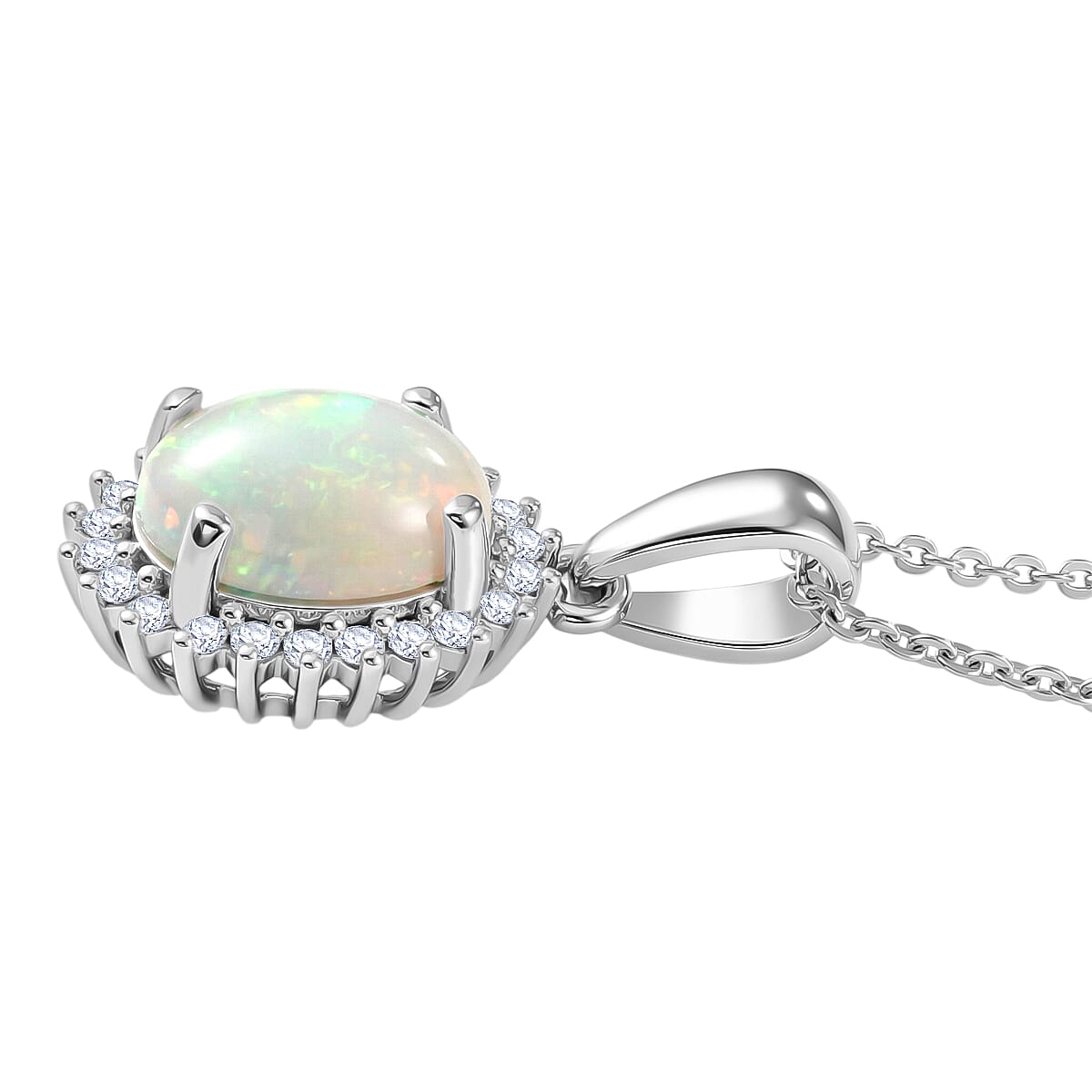 Luxuriant - Ethiopian Opal & SI-G-H Lab Grown Diamond Halo Pendant with Chain (Size 20) in Platinum Overlay Sterling Silver 1.50 Ct.