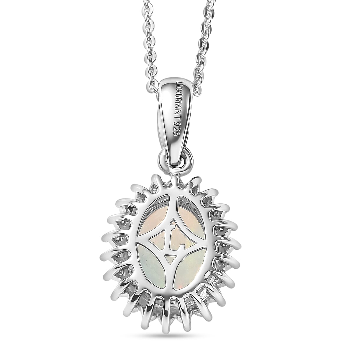 Luxuriant - Ethiopian Opal & SI-G-H Lab Grown Diamond Halo Pendant with Chain (Size 20) in Platinum Overlay Sterling Silver 1.50 Ct.