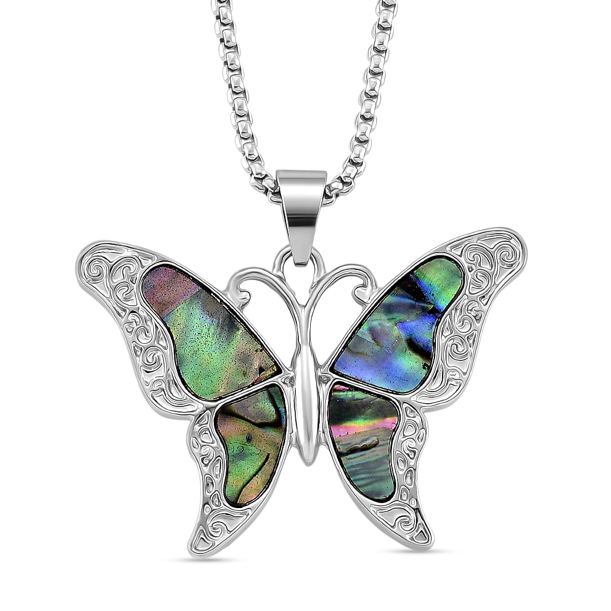 Abalone Shell & Multi Color Crystal Butterfly Pendant with Chain (Size 24-2 Ext) in Silver Tone 2.00 Ct.