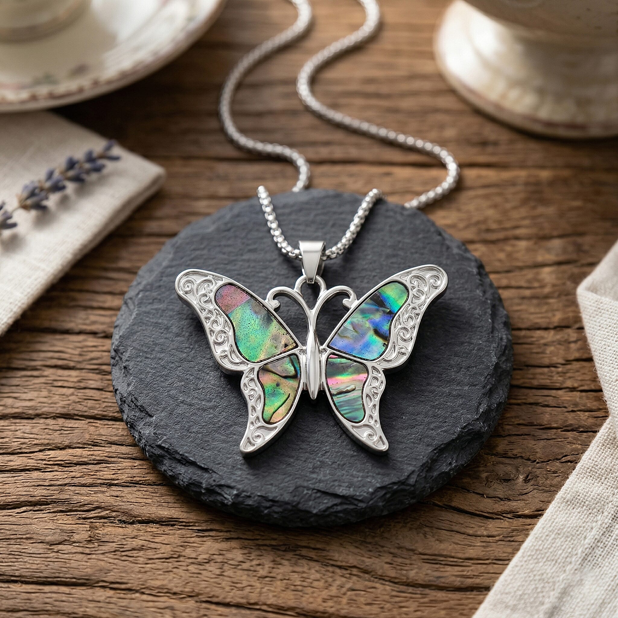 Abalone Shell & Multi Color Crystal Butterfly Pendant with Chain (Size 24-2 Ext) in Silver Tone 2.00 Ct.