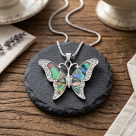 Abalone Shell & Multi Color Crystal Butterfly Pendant with Chain (Size 24-2 Ext) in Silver Tone 2.00 Ct.