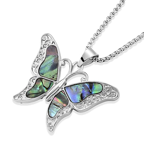Abalone Shell & Multi Color Crystal Butterfly Pendant with Chain (Size 24-2 Ext) in Silver Tone 2.00 Ct.