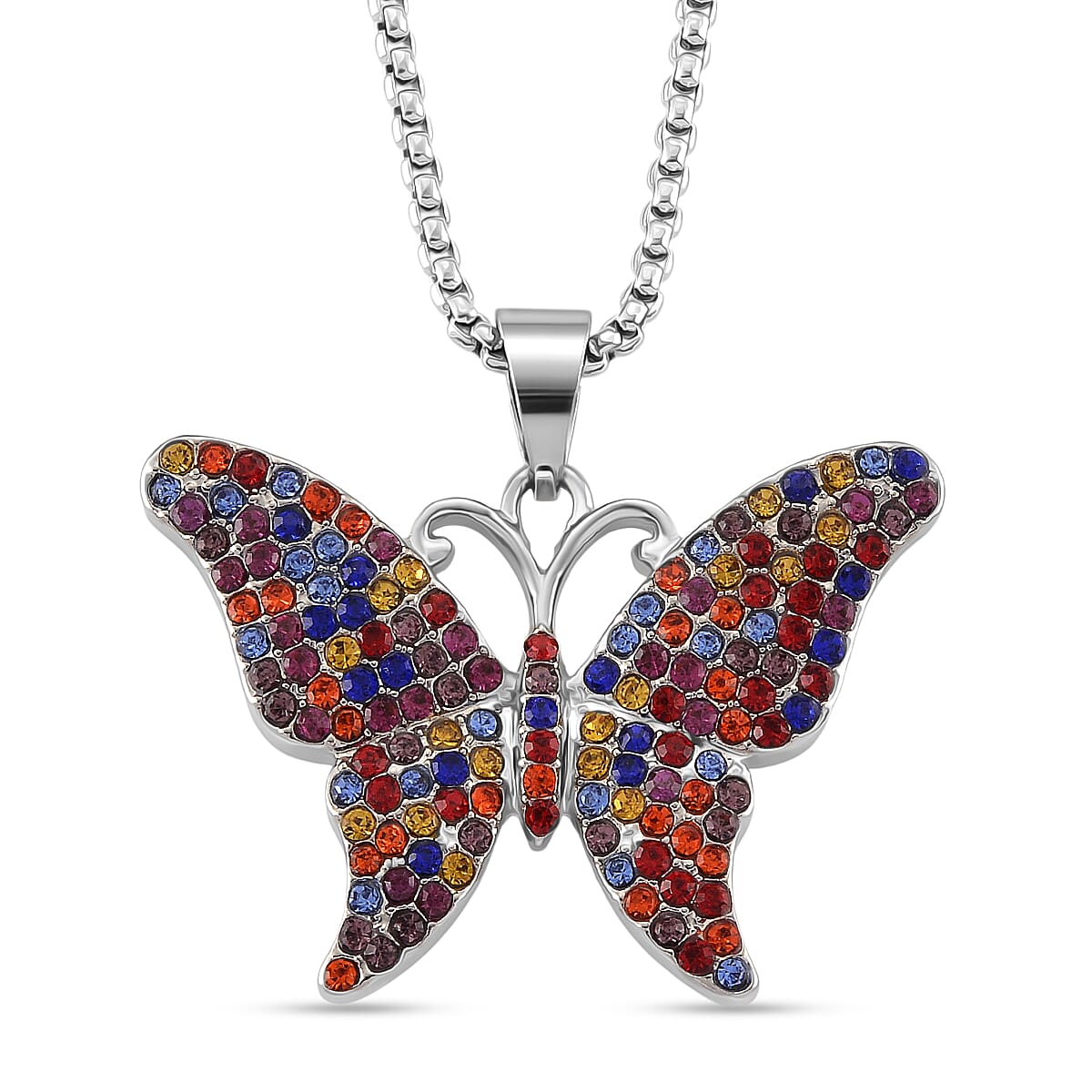 Abalone Shell & Multi Color Crystal Butterfly Pendant with Chain (Size 24-2 Ext) in Silver Tone 2.00 Ct.