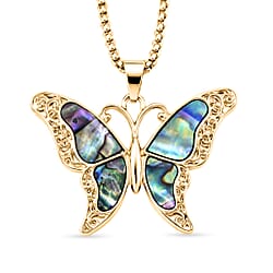 Abalone Shell & Multi Colour Crystal Butterfly Reversible Pendant with Chain (Size 24-2 Ext)