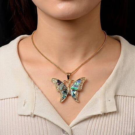 Abalone Shell & Multi Colour Crystal Butterfly Reversible Pendant with Chain (Size 24-2 Ext)