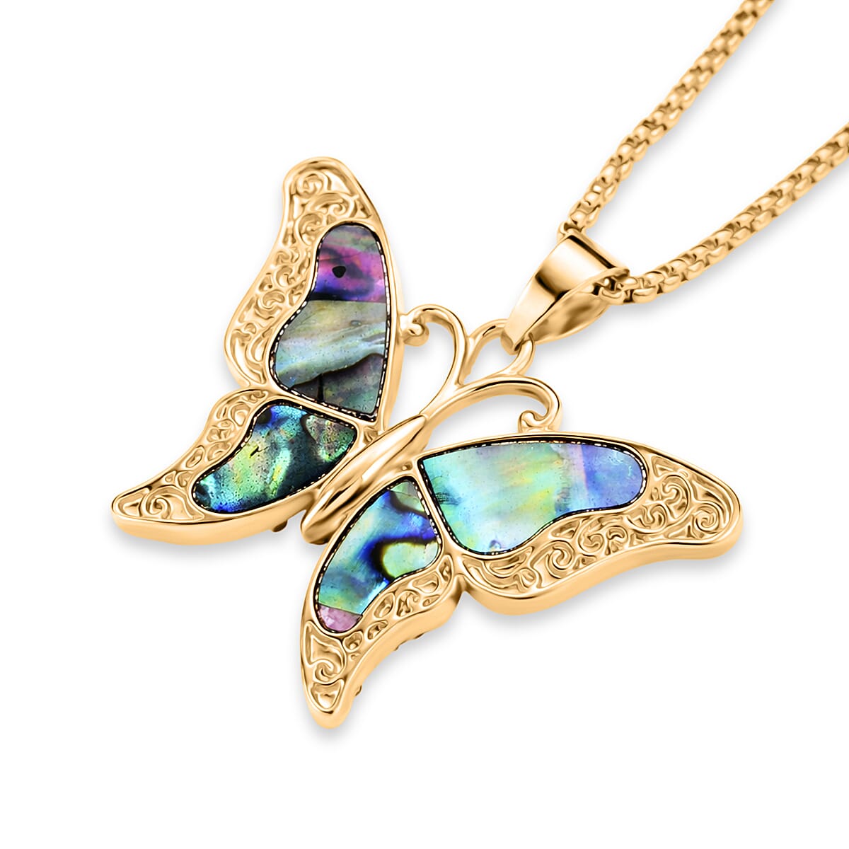 Abalone Shell & Multi Color Crystal Butterfly Pendant with Chain (Size 24-2 Ext) in Yellow Gold Tone 2.00 Ct.