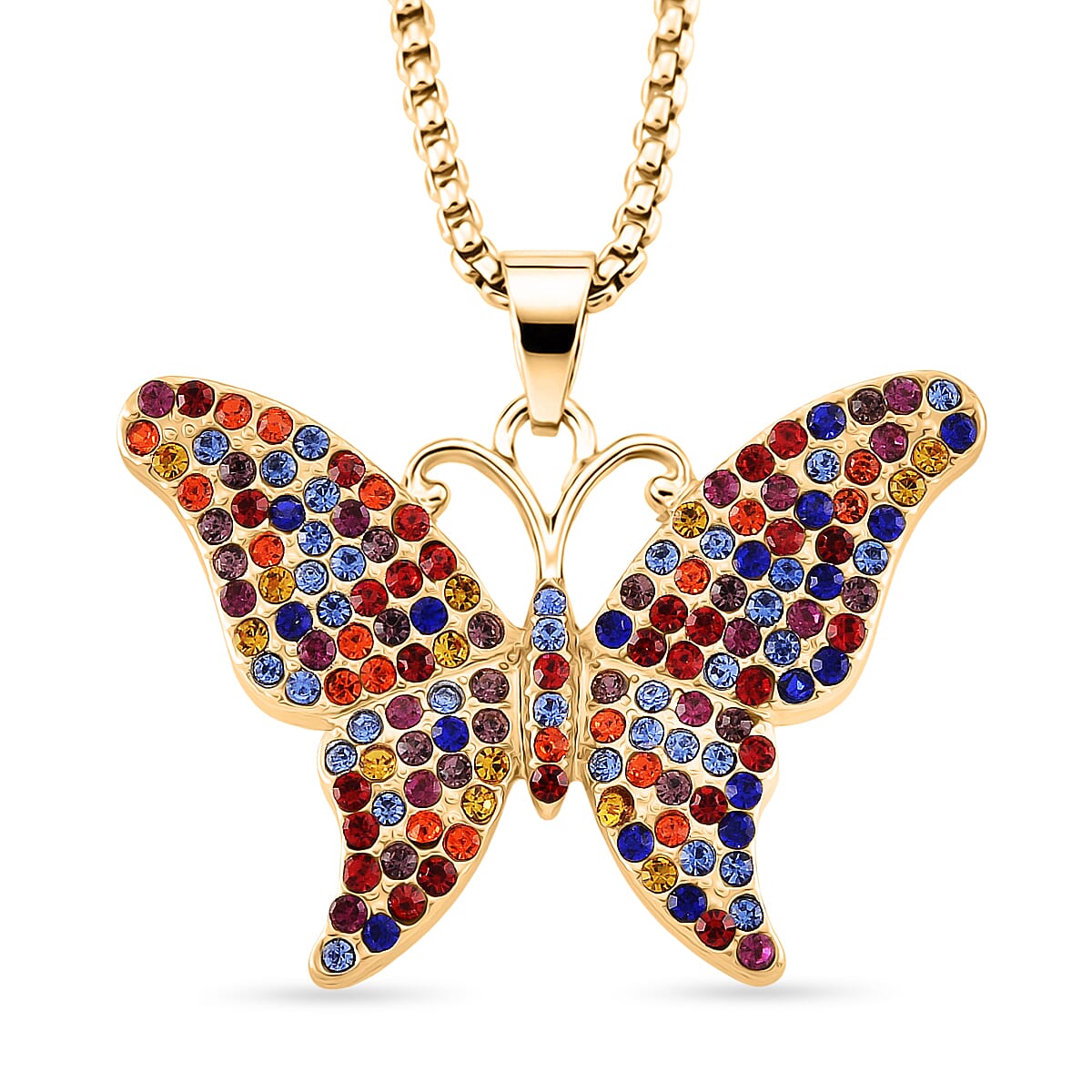 Abalone Shell & Multi Color Crystal Butterfly Pendant with Chain (Size 24-2 Ext) in Yellow Gold Tone 2.00 Ct.