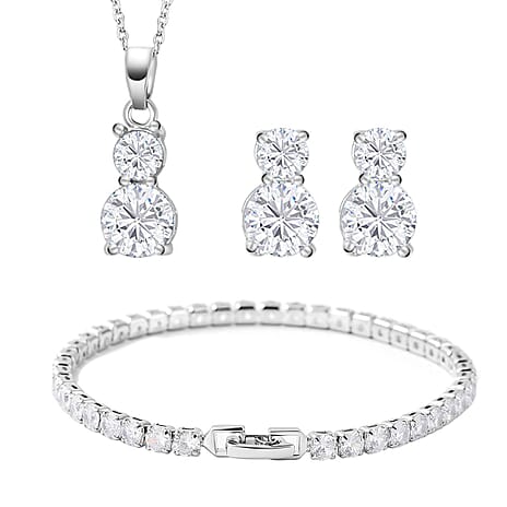 Set of 3 - White Cubic Zirconia Bracelet (Size - 7.5), Push Back Earring & Pendant with Chain (Size 20-2 Ext)