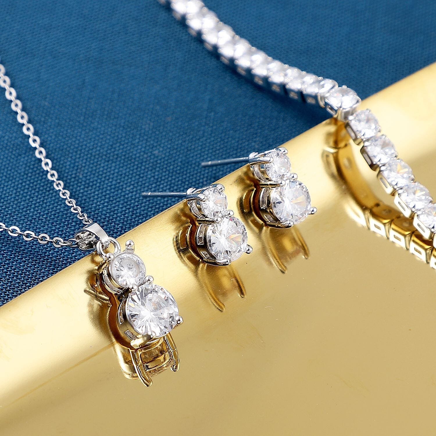 Set of 3 - White Cubic Zirconia Bracelet (Size - 7.5), Push Back Earring & Pendant with Chain (Size 20-2 Ext) 14.00 Ct.