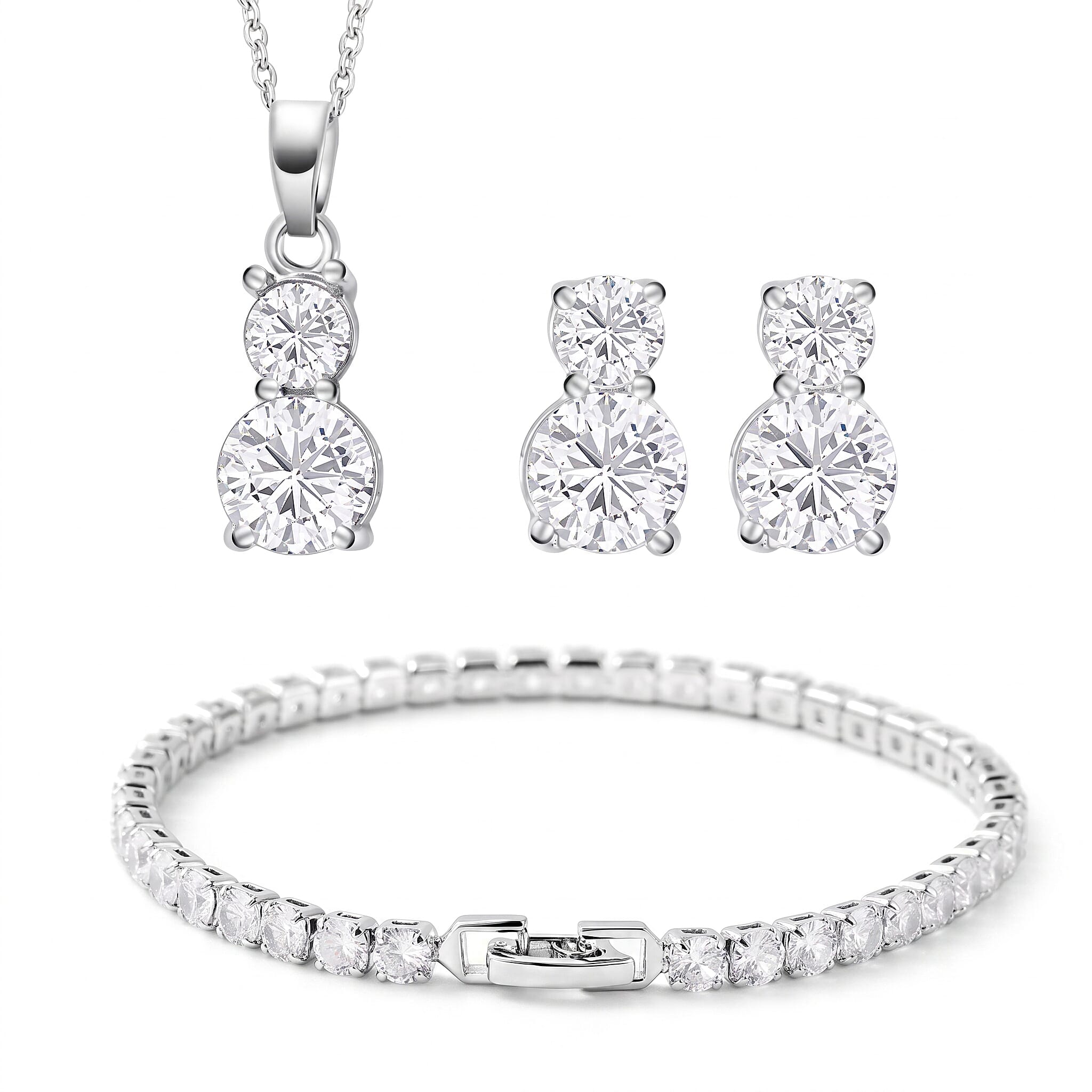 Set of 3 - White Cubic Zirconia Bracelet (Size - 7.5), Push Back Earring & Pendant with Chain (Size 20-2 Ext)
