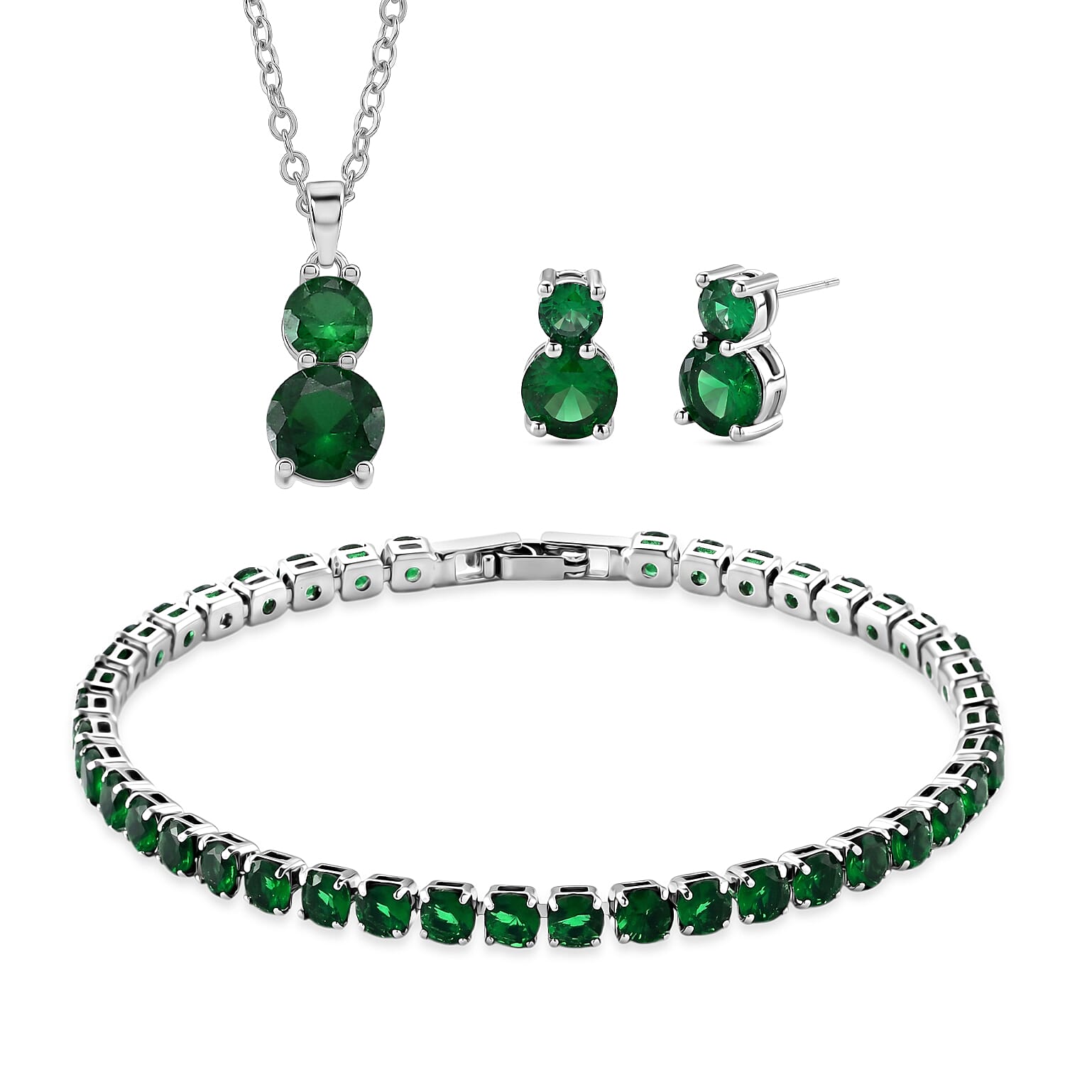 Set of 3 - Green Crystal Bracelet (Size - 7.5), Push Back Earring & Pendant with Chain (Size 20-2 Ext) 17.60 Ct.
